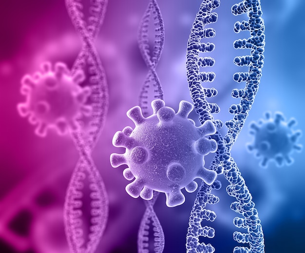 DNA 가닥과 바이러스 세포와 의료 배경의 3D 렌더링