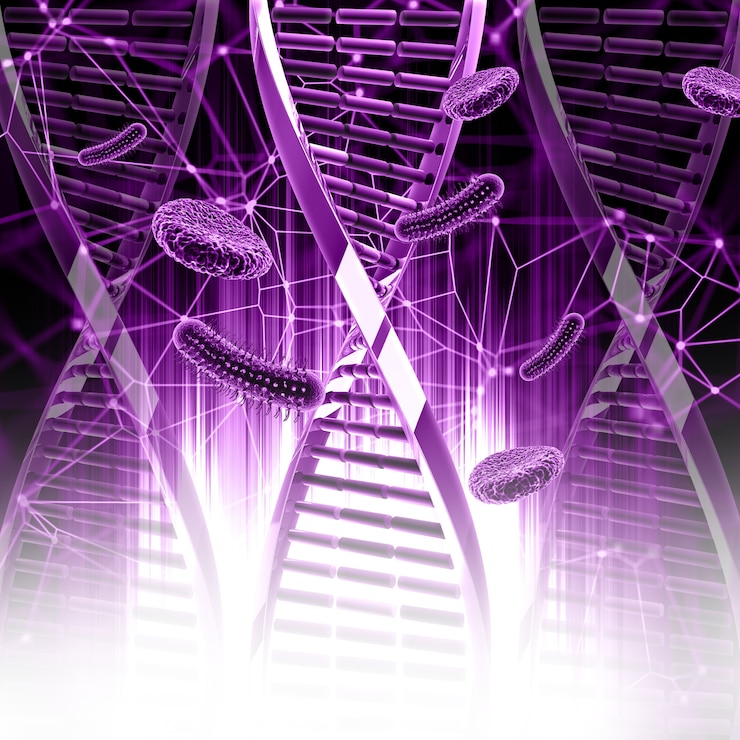 Free Photo 3d render of a medical background with dna strands and virus cells