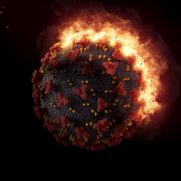 3D render of a medical background with exploding Covid 19 virus cell