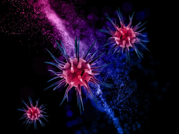 流れる粒子のデザインと抽象的なウイルス細胞による医学的背景の3Dレンダリング