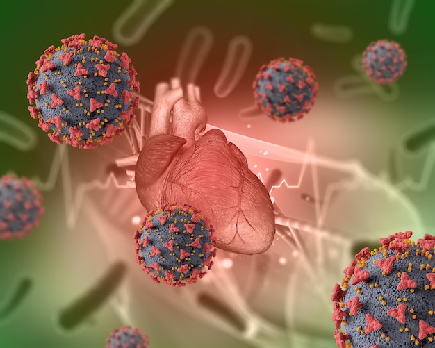 心臓とCovid19ウイルス細胞による医学的背景の3Dレンダリング