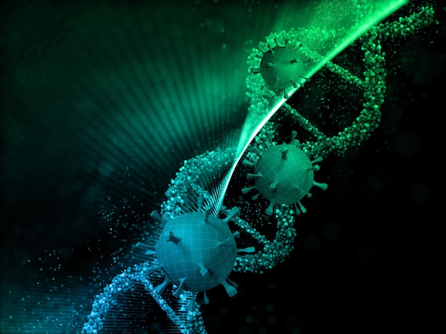 3D визуализация медицинского образования с низкополигональными вирусными клетками и нитью ДНК частиц