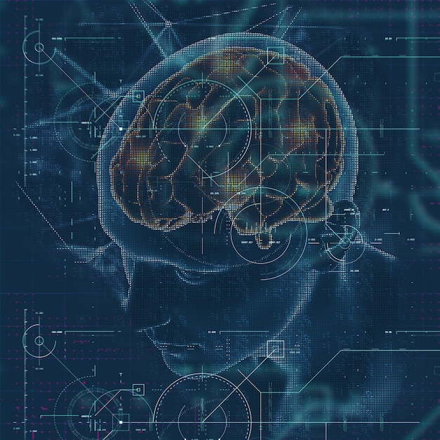 脳が強調表示され、テクノオーバーレイが表示された男性の姿の医学的背景の3Dレンダリング