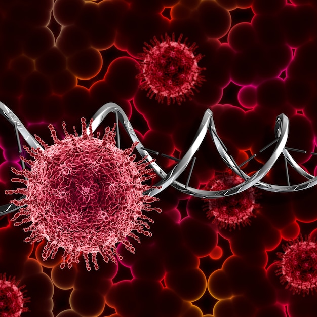 3D render of a medical background with virus cells and DNA strand