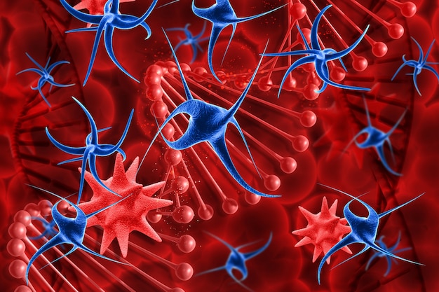 3d render of a medical background with virus cells and dna strands