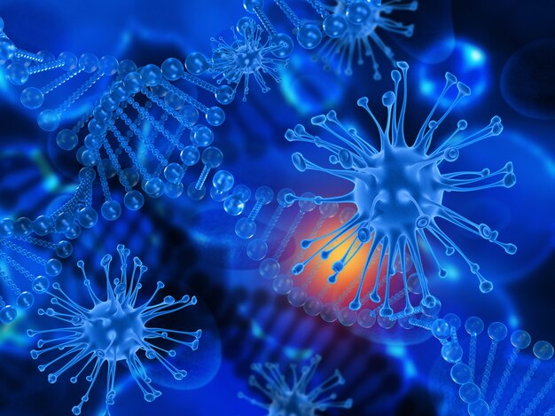 明確なDNA鎖とウイルス細胞を持つ医学的背景の3Dレンダリング