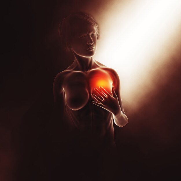 3D render of a medical image with female holding heart in pain