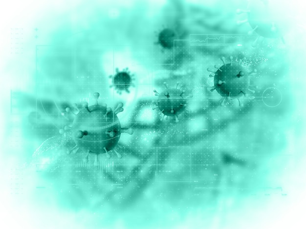추상 바이러스 세포와 의료 테크노 배경의 3D 렌더링