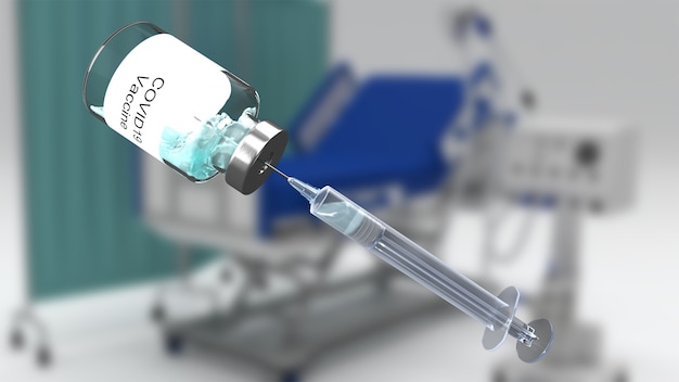 defocussed 병원 침대에 대한 covid 백신 이미지와 의료의 3D 렌더링