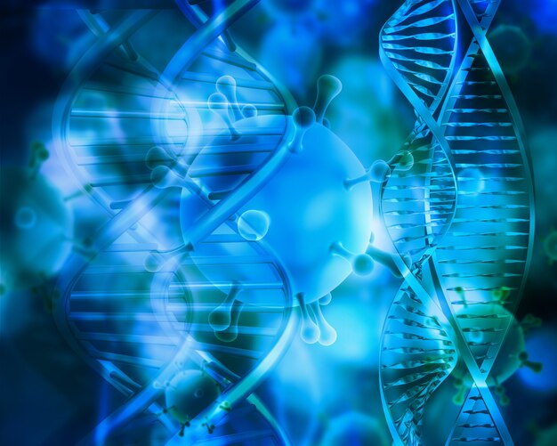 DNA 가닥과 바이러스 세포와 의료의 3D 렌더링