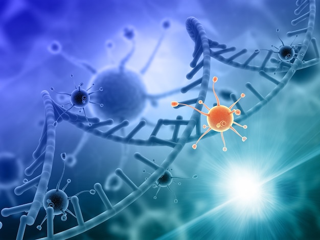 DNA 가닥을 공격하는 바이러스 세포와 의료의 3D 렌더링