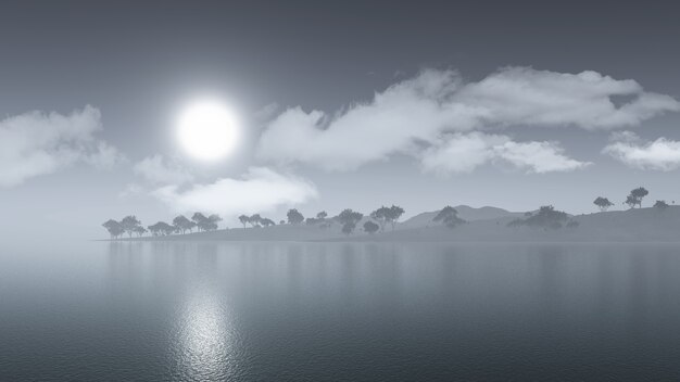 3D render of a misty island landscape