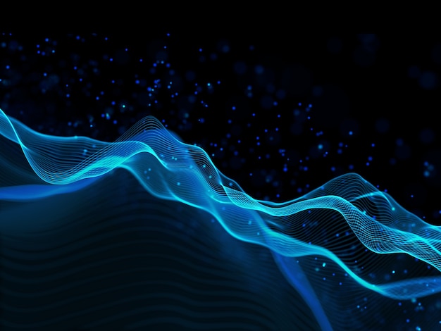 3D render of a modern technology background with flowing lines and floating particles design