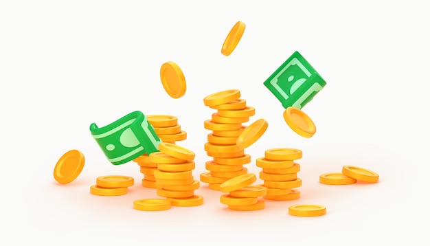 Бесплатное фото 3d визуализация деньги куча золотых монет стопка банкнот