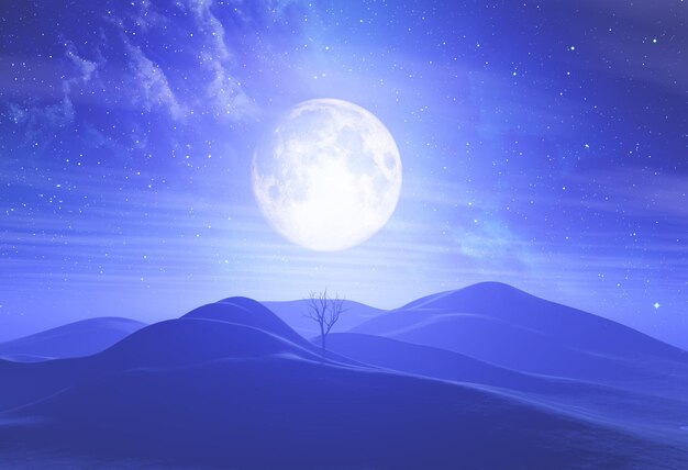 3D render of a moonlit landscape against starry sky