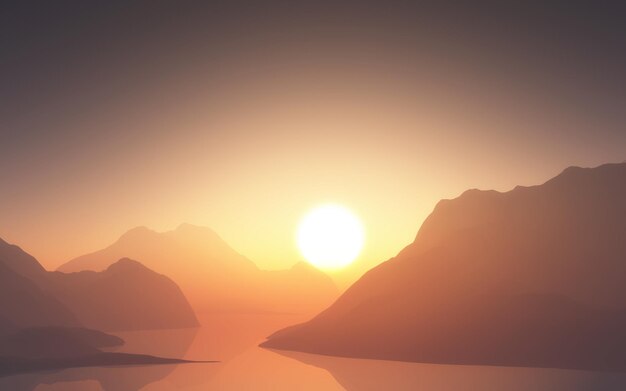 3D render of a mountain range against sunset sky