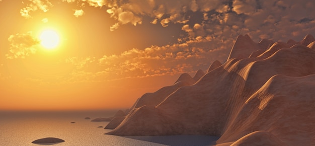 Free photo 3d render of a mountain and sea scene against a sunset sky
