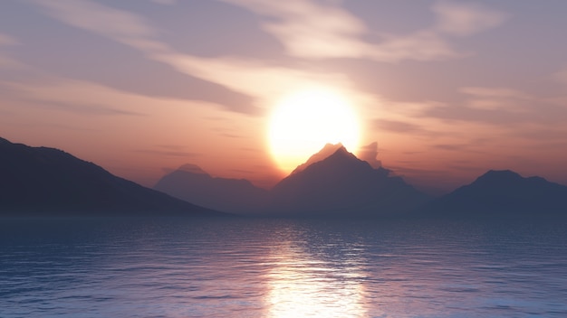 3d render of mountains against a sunset sky