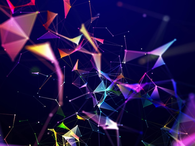 3D render of an network communications background with rainbow coloured plexus design