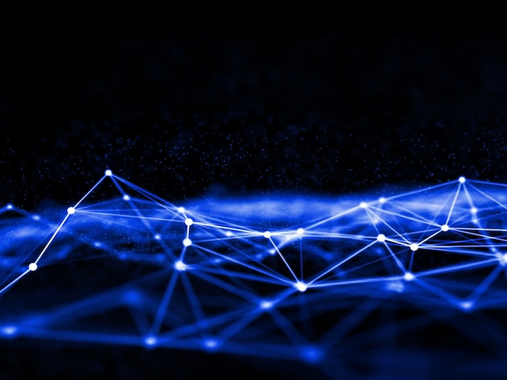 Free Photo 3d render of a network communications design with connecting lines and dots
