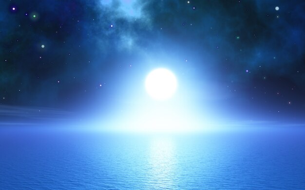 3D render of an ocean landscape wiht nebula and stars