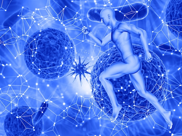 Бесплатное фото 3d-рендеринг медицинского фона с мужской фигурой и вирусной клеткой, атакующей другую