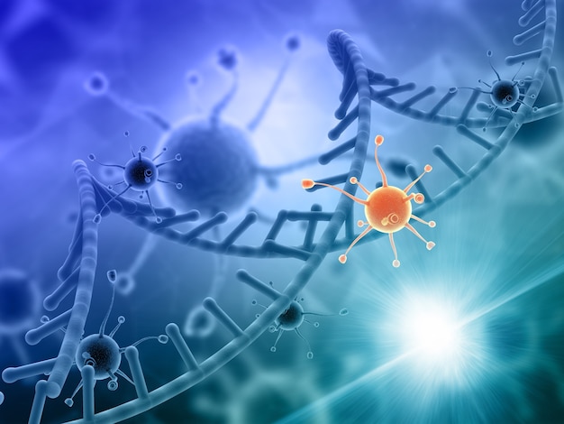 무료 사진 dna 가닥을 공격하는 바이러스 세포와 의료의 3d 렌더링