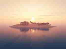 無料写真 夕焼け空を背景に海に浮かぶヤシの木の島の3dレンダリング