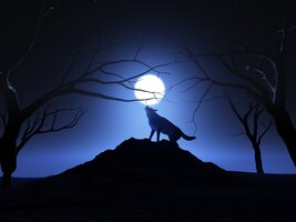 3d визуализация волка во время луны