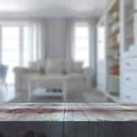 Бесплатное фото 3d-рендеринг деревянного стола с видом на расфокусированный интерьер гостиной