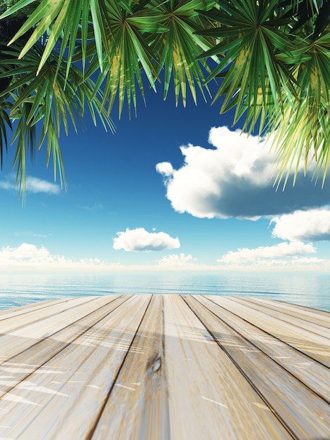 無料写真 熱帯の海を見て木製のテーブルの3dレンダリング