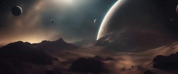Бесплатное фото 3d-рендер инопланетной планеты с планетами на заднем плане