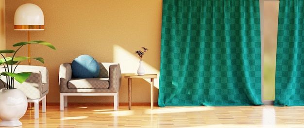 민족 장식으로 홈 인테리어의 3d 렌더링입니다. 집이나 아파트의 현대적인 거실.