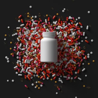 약 알약과 병 뚜껑의 3d 렌더링. 추상 의료 그림입니다.