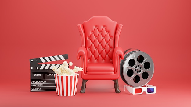 3d визуализация красного кресла кино с попкорном, вагонкой, 3d стеклом, катушкой