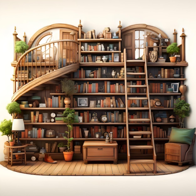 Free photo 3d render of an old bookcase with books and decorations