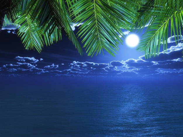 Free photo 3d render of palm tree fronds looking out to a night time ocean