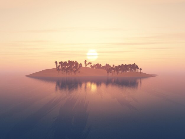 3D render of a palm tree island in the ocean against a sunset sky