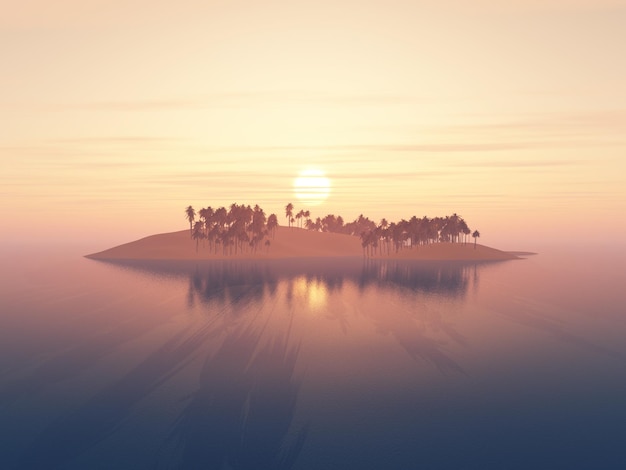 3D визуализация острова пальмы в океане на фоне закатного неба