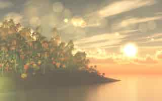 Free photo 3d render of a palm tree island at sunset