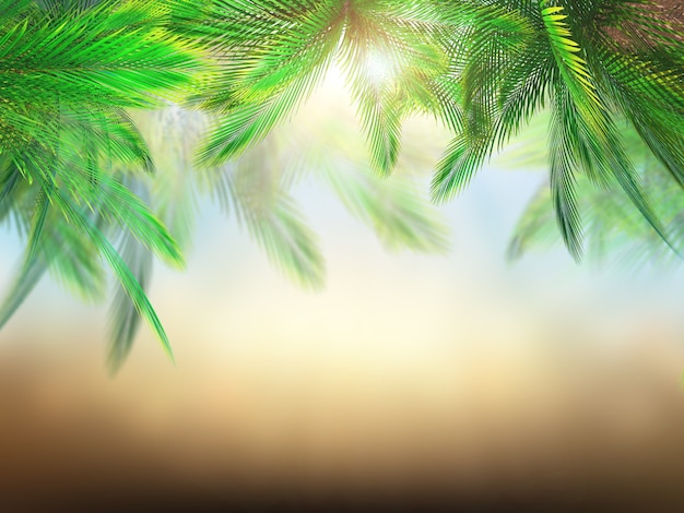 3d render of palm tree leaves against defocussed background