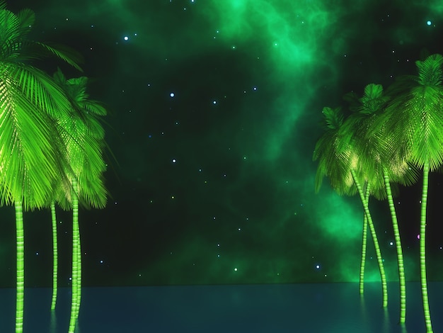 3d render of palm trees in the ocean against a space sky