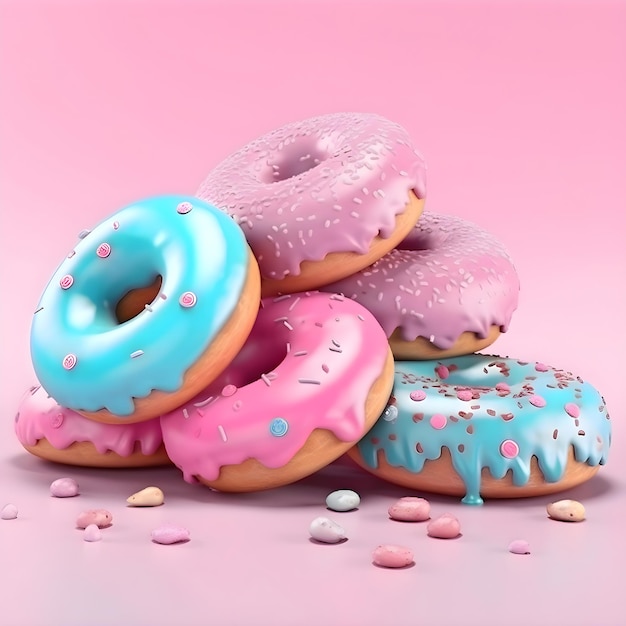 Foto gratuita render 3d di ciambelle rosa e blu con spruzzi su sfondo rosa