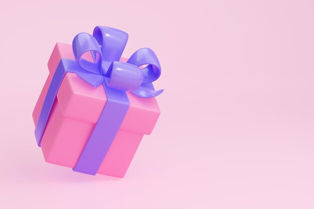 3D 렌더링 보라색 리본 상금이 있는 분홍색 선물 상자