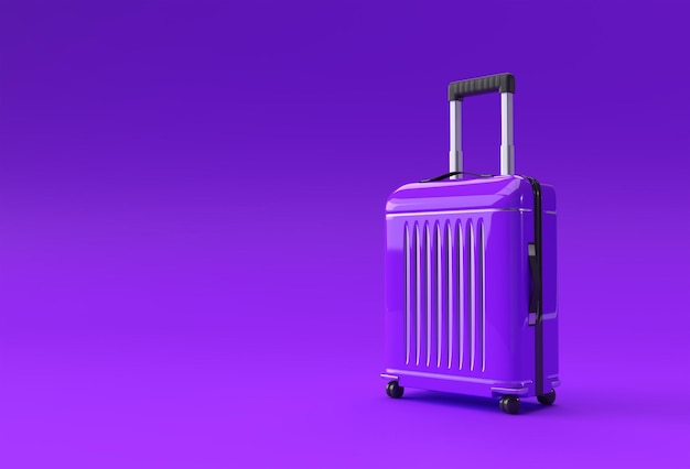 3D рендеринг чемодана из поликарбоната на пастельно-фиолетовом фоне