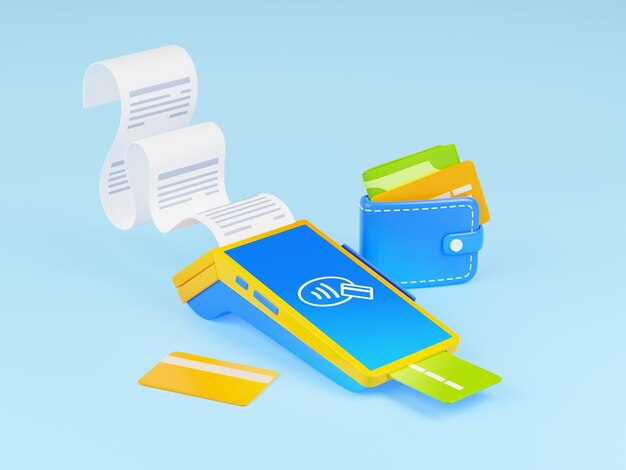 3d render pos terminal bill card and wallet