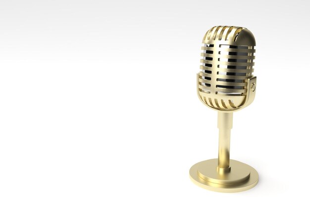 3D Render Retro microphone on short leg and stand, music award model template, karaoke, radio and recording studio sound equipment.