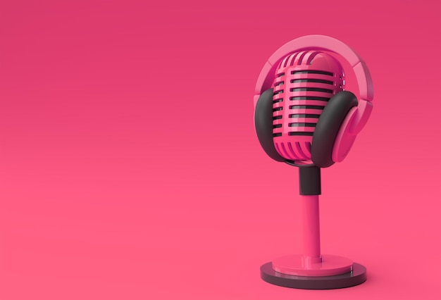 3D Render Retro microphone on short leg and stand with Headphone 3D Illustration Design