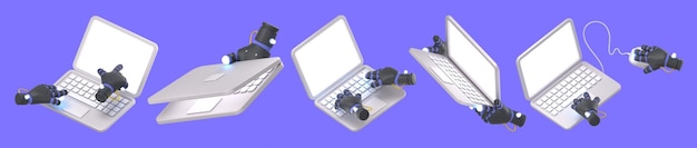 Free photo 3d render robot hands with laptop cyborg arms