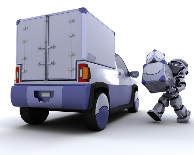 3D-рендеринг роботов, загружающих ящики в заднюю часть грузовика